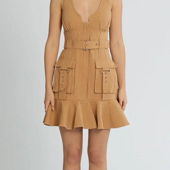 Acler Dresses & Skirts - ACLER Vermont Flounce Hemdress Tan Bodycon with Gold Hardware, only worn 1 x